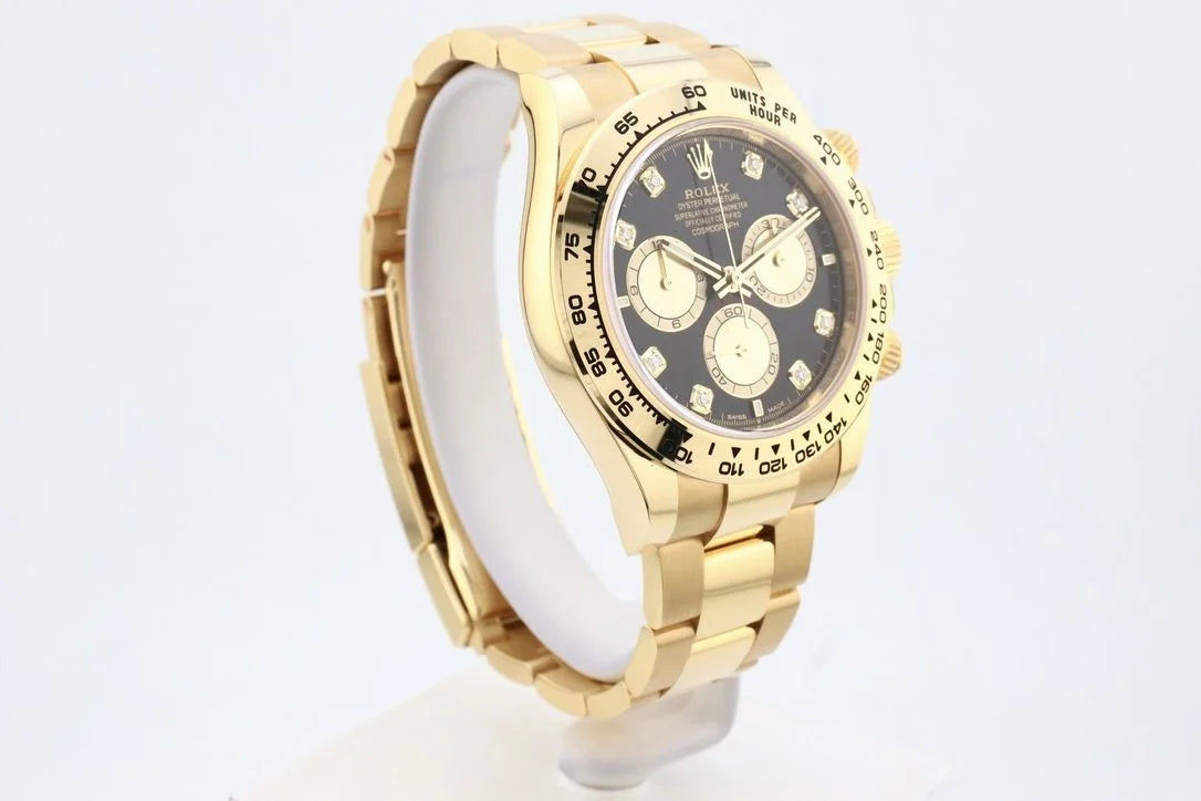 Superclone Rolex Daytona 40 mm Bright black and golden set with diamonds Dial 126508