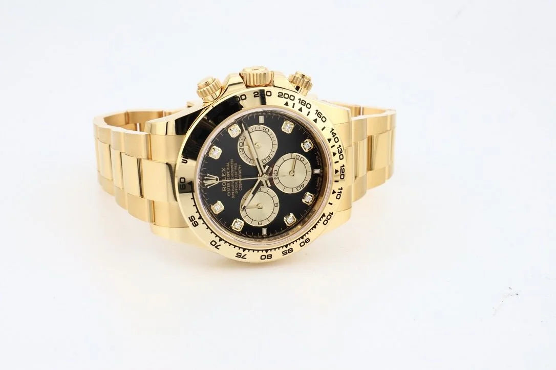 Superclone Rolex Daytona 40 mm Bright black and golden set with diamonds Dial 126508